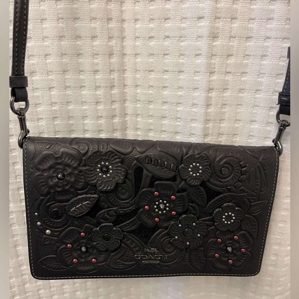 Coach Black Leather Floral Embossed Crossbody Bag